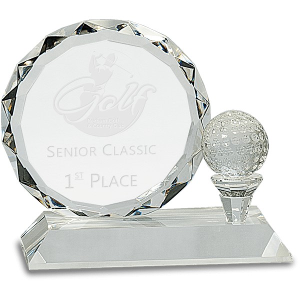 Round Facet Crystal with Golf Ball on Clear Pedestal Base